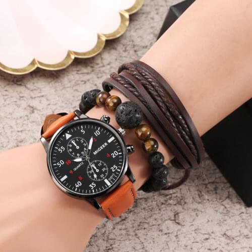 2021 Mens Business Sport Quartz Wristwatch Retro Black Bracelet Leather Watch Sets Gifts for Father Husband Boyfriend with Box