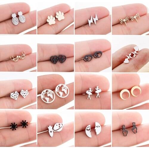 Stainless Steel Mini Earrings for Women Kids Geometric Lightning Earth Rocket Heartbeat Heart Cat Dog Paw Stud Earrings