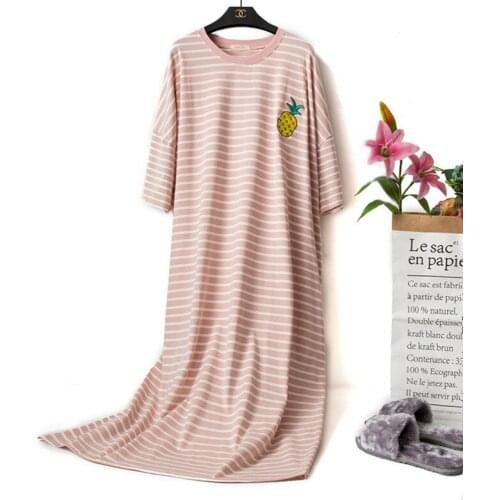 2021 New Arrival Cotton Summer Nightdress Stripe Fruit Print Long Dress Nightgown Pajamas Plus Size Home Short Sleeve Sleepwear
