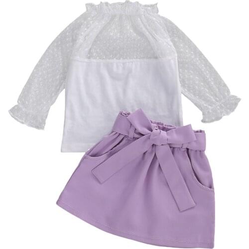 1-5Y Autumn Girls Clothes Sets 2pcs Lace Ruffles Long Sleeve Pullover Tops Purple A-Line Skirts