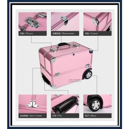 Professional Tool Case Trolley Beauty Box Makeup Case with wheels Pink