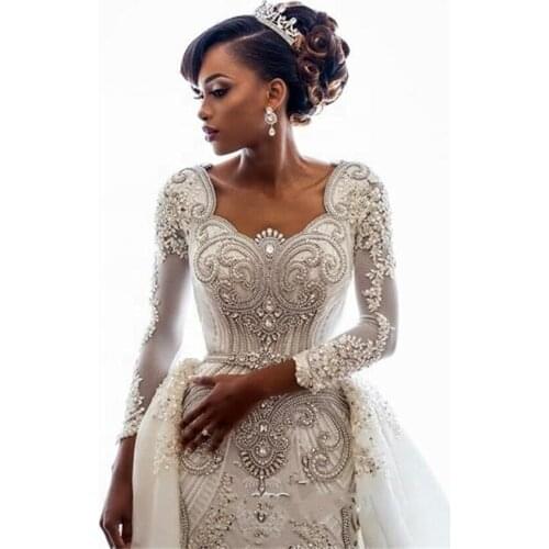 Luxury Handmade Beading Wedding Dress African Long Sleeve Bridal Gown With Detachable Train