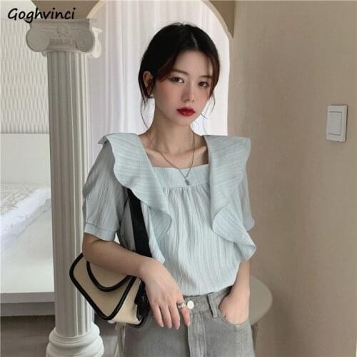 Ruffles Square Collar Shirts Women Preppy Style Folds Sweet Loose Leisure All-match Straight Korean Date Solid Simple Fashion
