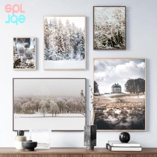 Nordic Beautiful Art Printed Picture Winter Withered Platycodon Modern Home Decoration Rock Mountain Snow Scene Canvas Painting
