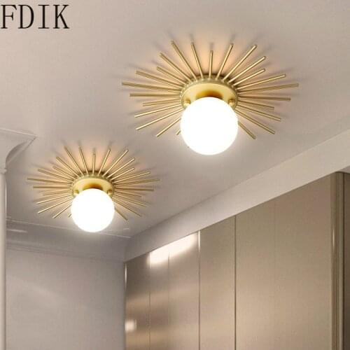 Nordic Gold Metal Ceiling Lights Modern Sun Shape Glass Ceiling Lamp for Bedroom Corridor Indoor Vintage Decor Lighting Fixture