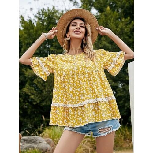 Floral Printing Blouse Women Casual Round Neck Basic Shirts Summer Short Sleeve Ruffles Lace Splicing Loose Elegant Yellow New