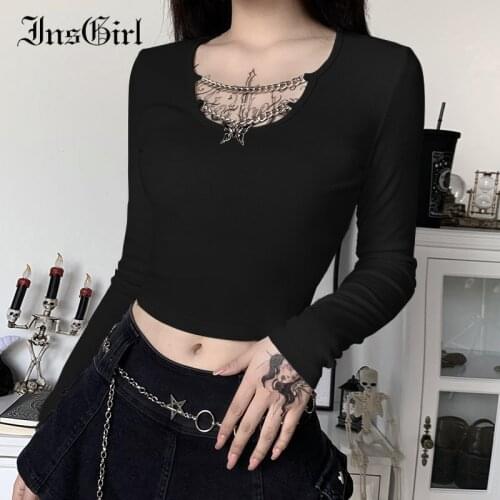 InsGirl Butterfly Necklace Slim T-shirt Women Goth Punk Long Sleeve Bottom Tee Tops Streetwear Dark Black Sexy Y2k T-shirt Femme