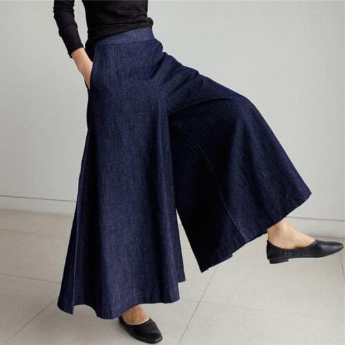 Qooth 2020 Women High Waist Over Length Jeans Pants lLoose Trousers Pockets Elastic Waist Female Wide Leg Denim Pants QT208