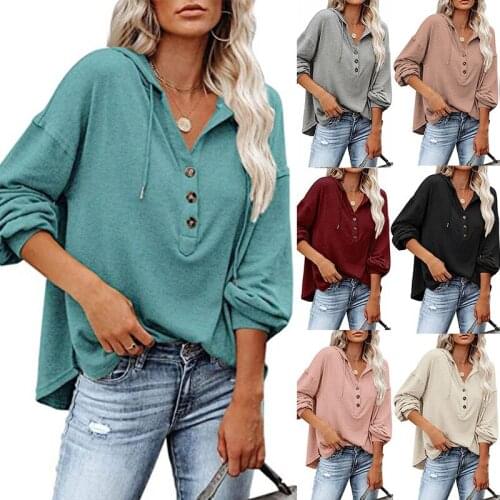 Women Hooded Sweatshirts Casual Button Hoodes Loose Pullovers Deep V-neck Long Sleeve Solid Thin Tops Spring Autumn Sweatshirt