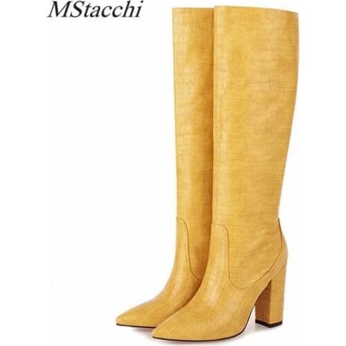MStacchi Elegant Women The Knee Boots Crocodile Print Microfiber Pointed Toe Party Chunky Heel Comfort Botas Mules Female 2020
