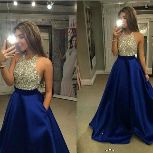 Robe paillette crystal Long Sexy Prom Dress Sleeveless Halter Woman robe de soiree manche longue rhinestone Evening Dress