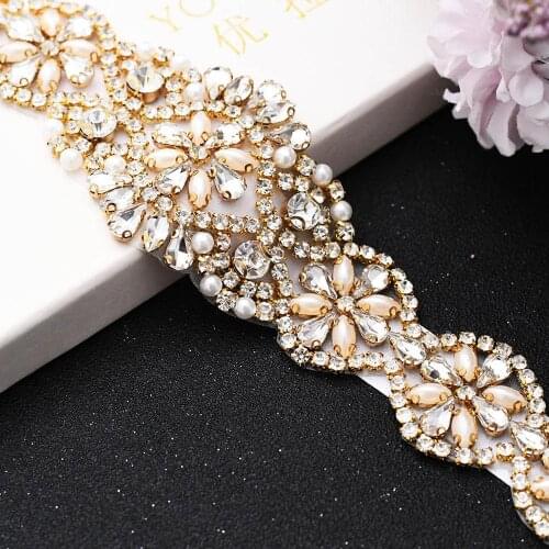 100% Handmade Gold Wedding Belt Pearl Bridal Belts For Wedding Dress Diamond Applique Trim Beaded Decoration For Wedding Bridal