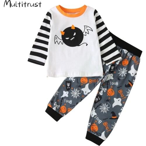 2020 Kids Halloween Costume Baby Boys Girls Long Sleeve Monster Print Top + Printed Long Pants Sleepwear Pajamas Sets 1-6 Years