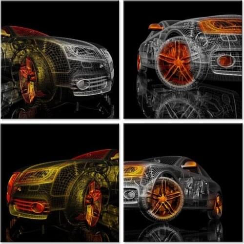 4 Pieces Abstract Colorful Cars 3D Model Design Black Posters Canvas Pictures Wall Art Home Decor Paintings Room Decorations