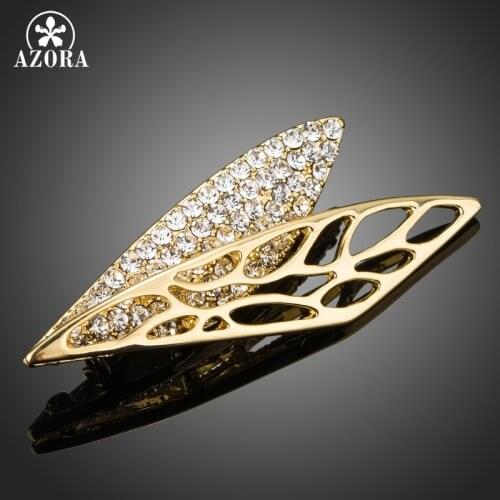 AZORA Brand Wing Brooch Pin Gold Color Wedding Jewelry Women Large Rhinestone Crystal Fashion Leaf Brooch and Pins TP0052