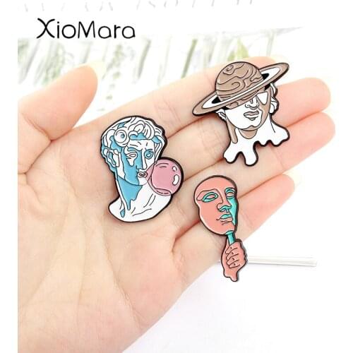 5 Styles Sculpture Lapel Pins Portrait Human Head Flower David Statue Brooch Cartoon Creativity Badge Shirt Buckle Jewelry