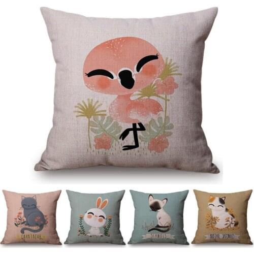 Cartoon Animals Cushion Cover Cute Cat Fox Rabbit Flamingo Design Throw Pillow Cotton Linen Sofa Decorative Pillow Cover Case