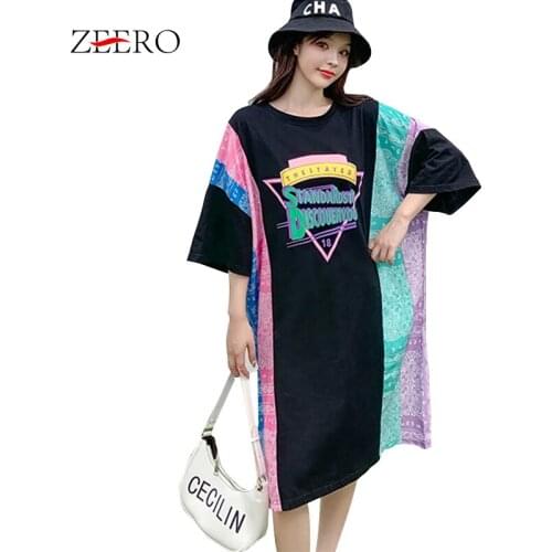 Black Casual Words Floral Print T Shirt Dresses for Women Summer Korean Oversize Midi Dress Female Long Tees Tops Vestidos Mujer
