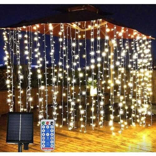 Solar powered Curtain Light 300LEDs 8 Mode Remote Control Waterproof Waterfall Fairy String Lights Patio Garden Party Wedding