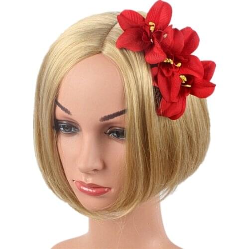 Hair Comb With 3Pcs Red Lily Flowers Wedding Fashion Jewelry Women Prom Headpiece Charm Hair Accessories Bridal Vocation Clips