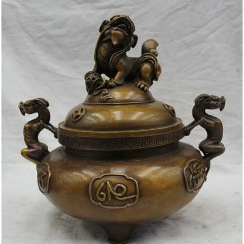 Collectible bronze S1959 11" Marked Chinese Cppper Foo Dog Islam Moslem lection Incense Burner Censer