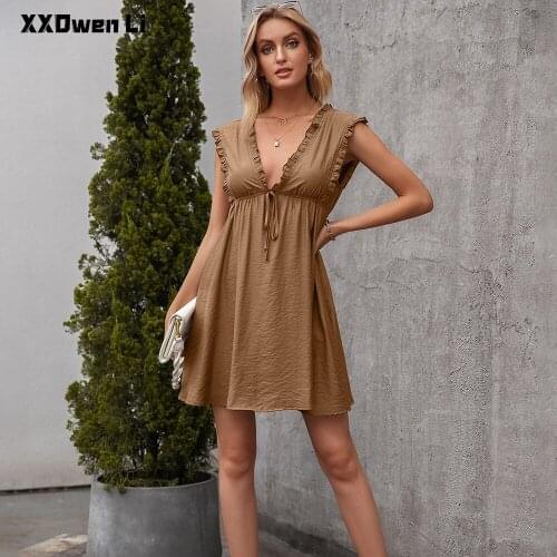 Summer Sexy Backless Sleeveless Ruffles Mini Dress For Women 2021 Solid Party Dresses Fashion Casual Womens Clothing Robe Femme