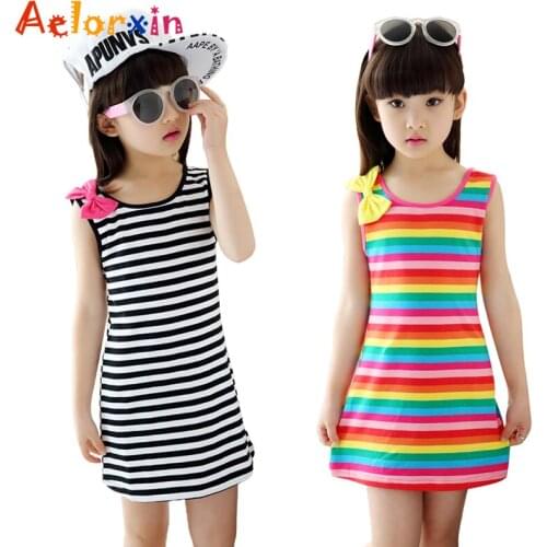 Summer Girls Dresses Cotton Casual Children Clothing Sleeveless Striped Baby Clothes For Girls Bow O-Neck Children Clothing