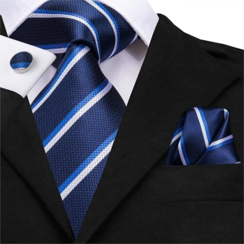 SN-3186 Silk Woven Men Tie Set New BLue Striped Necktie Hanky Cufflinks Set Luxury Quality Fashion Mens Party Wedding Tie Set