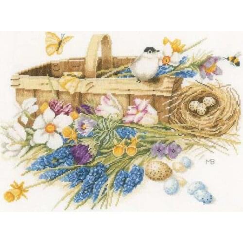 Top Quality Lovely Cute Counted Cross Stitch Kit Spring Flowers Basket Trug and Bird Nest Egg 0155028