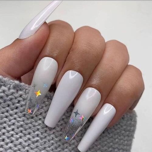 24pcs/Set Pretty Ballet False Nails European Long Gradient White Star Decal Full Nail Tips with Glue Coffin Press On Nails