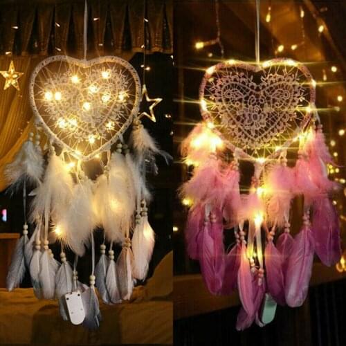 Wall-mounted Heart-Shape Dream Catcher Handmade Feathers Hollow Out Gift Braided Wind Wall Hanging Decor