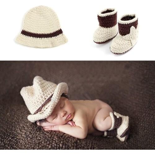 Newborn Baby Cowboy Crochet Costume Knitted Costume Hat+Shoes Photography Props