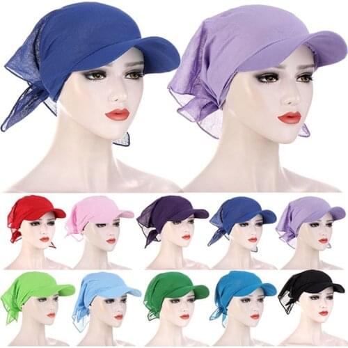 Pure Color Turban Caps Brim Cap Hijab Sun Visor with Pre-Tied Head Scarf Outdoor Muslim Scarf Cap Wholesale