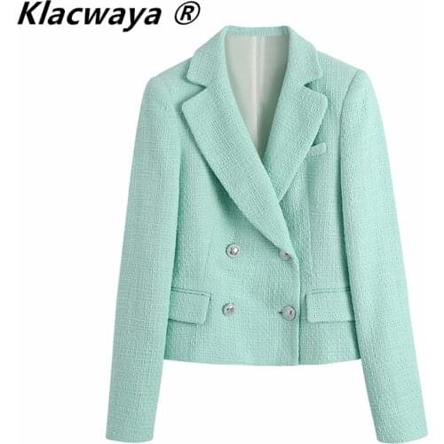 Klacwaya Za Women Fashion Textured Cropped Blazer Vintage Double Breasted With Pocket Stylish Notched Lapel Jacket Suit Sets