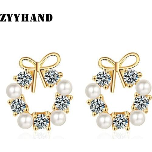 Golden Color Women Bow Knot Women Stud Earring Fake Pearl Clean Stone Luxury Fashion Lady Party Romantic Ear Jewelry