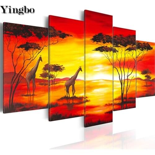 Full 5d diy diamond painting mosaic Sunset giraffe landscape cross-stitch diamond embroidery 5pcs wall art delicate background