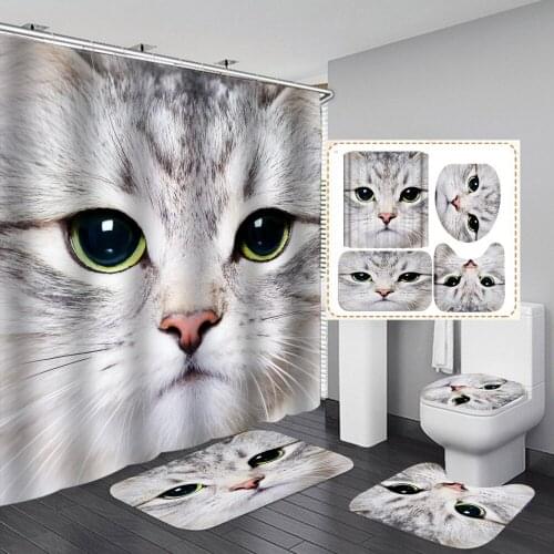 Cartoon Cute Cat Waterproof Fabric Shower Curtain Toilet Mat Set with Hooks Bathroom Cloth Curtains Good Quality Home Decor