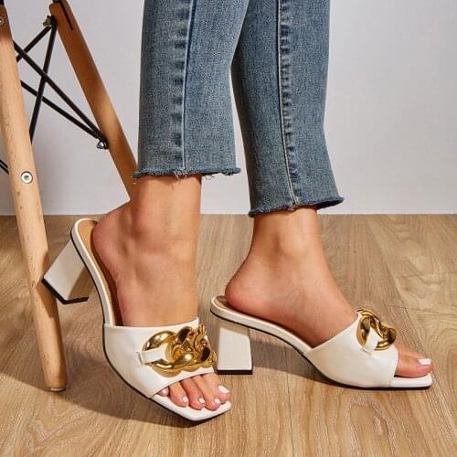 Purple Slippers Gold Chain Square Heels Sandals Casual Outdoor Ladies Shoes And Sandals Summer Sandals Women Heels Tong Femme