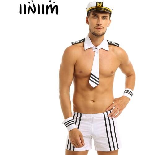 Hot Clubwear Costume Mens Sexy Navy Sailor Cosplay Uniform Shorts+Cap+Collar Tie+Cuffs Halloween Police Roleplay Exotic Costumes