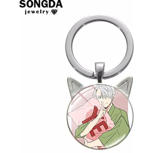 SONGDA Anime YURI!!! on ICE Glass Round Keychain Victor Nikiforov Yuri Katsuki Plisetsky Cartoon Printed Ears Pendant Key Chain