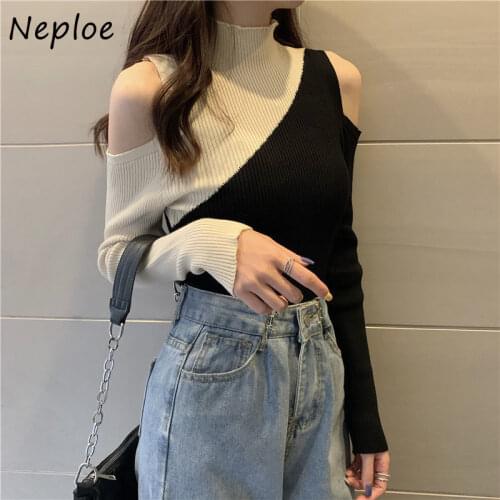 Neploe Stylish Contrast Color Patchwork Sweaters Female Half High Collar Off-shoulder Knitted Pullovers Women Bottoming Shirts
