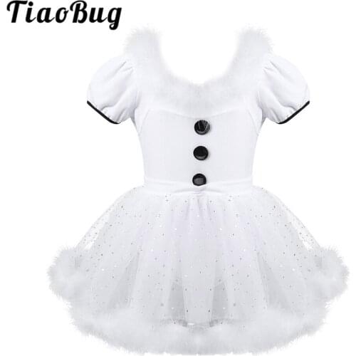 TiaoBug Kids Girls Christmas Swan Dance Costume White Feather Short Sleeve Sequins Mesh Tutu Ballet Leotard Figure Skating Dress