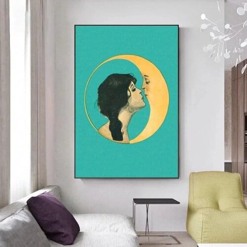 Vintage Girl Kissing Moon Canvas Painting Man In The Moon Antique Moon Face Poster and Print Wall Art Picture Home Decor Cuadros