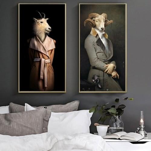 WANGART Canvas Oil Painting Retro Nostalgia sheep Gentleman Lady Wall Art Ram Animal Poster Prints Living Room Home Decor