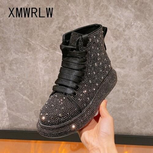 XMWRLW Womens Chunky Sneakers Winter Shoes Fashion Rhinestone Female Shoes Warm Plush Women Winter Sneakers Black White Shoe