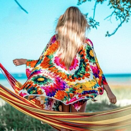 2021 Colorful Floral Bikini Cover Up Woman Sexy See-through Lace Up Kimono Beach Bathing Suit Beachwear Tunic Shirt