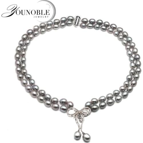 Real Luxury Double Grey Pearl Necklace Women,trendy Choker Freshwater Pearl Necklace Birthday Gift Annivesary