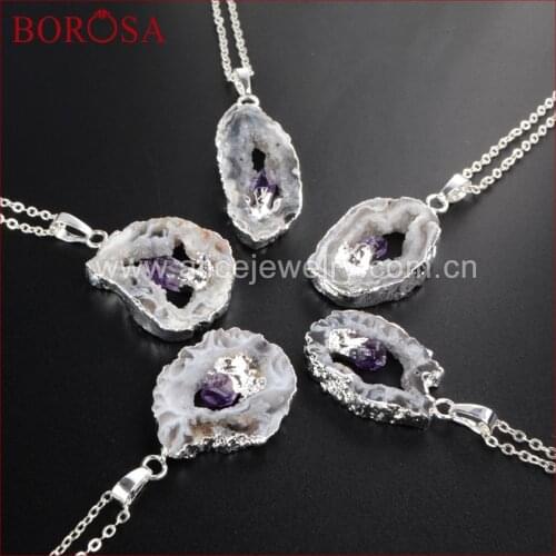 BOROSA Natural Agates Geode Druzy Pendant Necklace Inlay Amethysts Freeform Drusy Slice Silver Plated Necklace for Women WX008-N