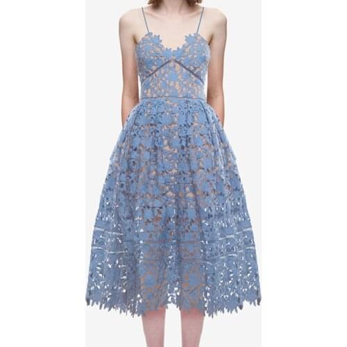 Self Portrait Dress 2021 Summer Womens Boho Sexy Spaghetti Strap Crochet Lace Casual Beach Mid-Calf Dress