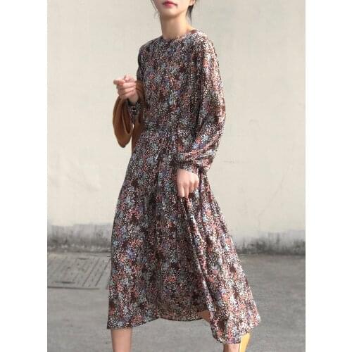 Floral Dress for Women 2021 Spring New French Round Neck Loose Lace-up Large Swing Dress for Women